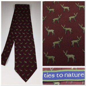 Ties To Nature Burgundy Silk Deer Print Necktie Mens Tie Preppy Cabin Hunter